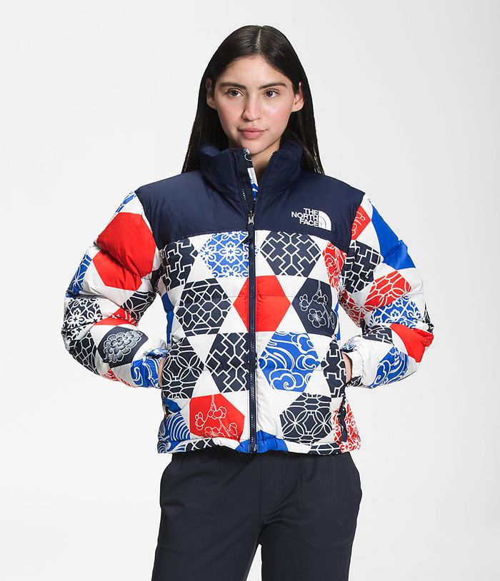 The North Face Womens Puffer Jacket Printed 1996 Retro Nuptse 857YHCJGI - Blue